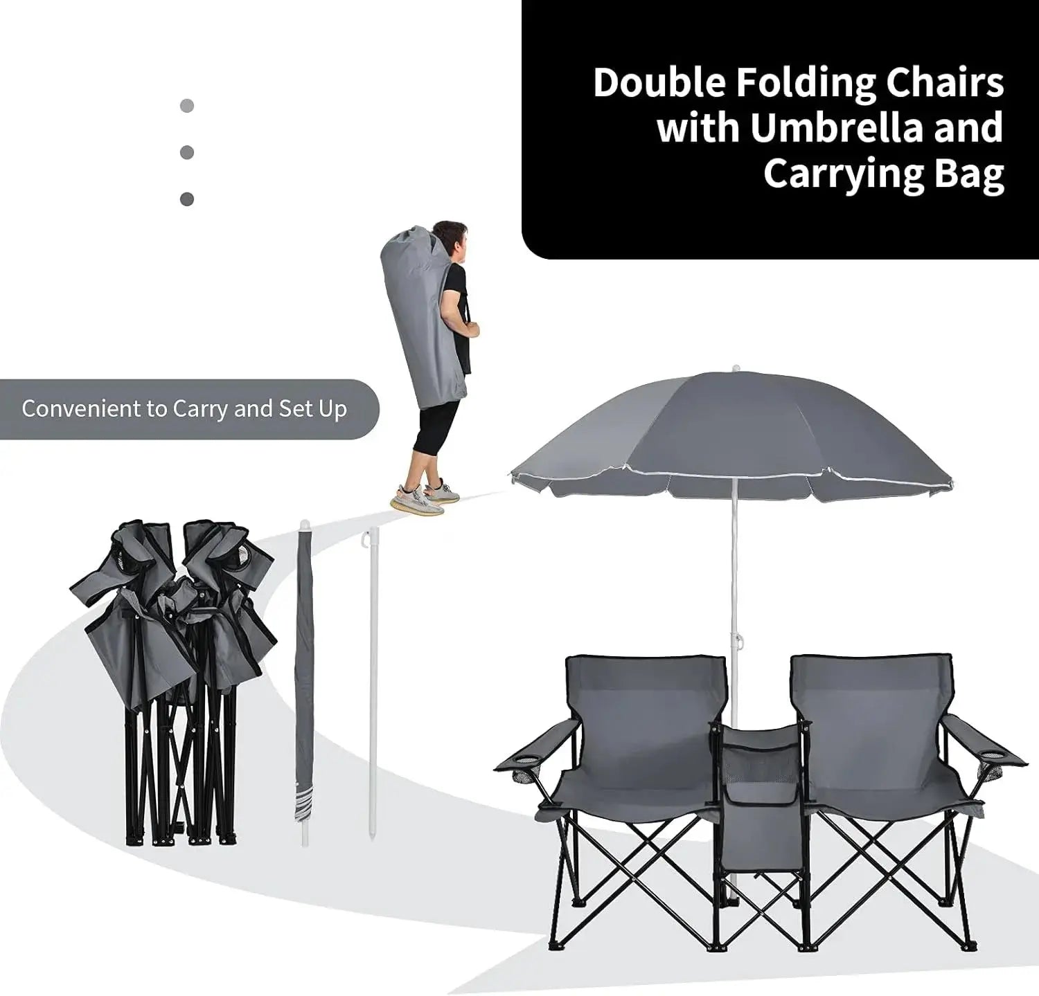 Portable Folding Picnic Double Chair W/Umbrella Table Cooler Beach Camping Chair for Patio Pool Park Outdoor - Mary’s TT Shop