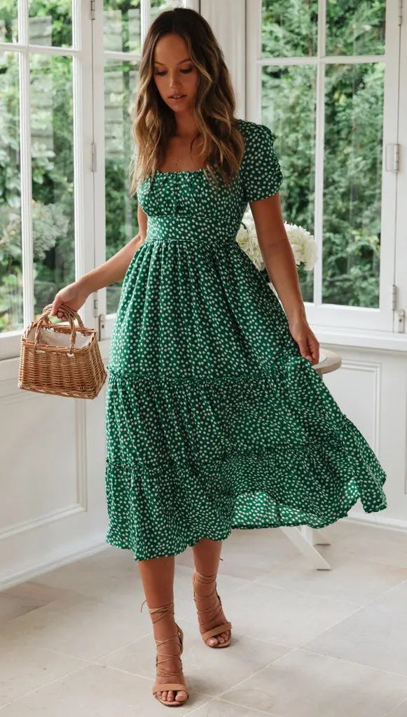 Square Collar Short Sleeve Dress Summer Puff Floral Printed Dress Long Dresses - Mary’s TT Shop