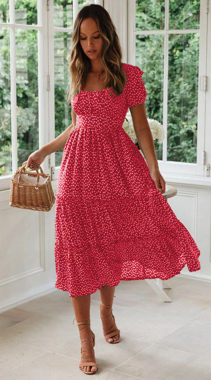 Square Collar Short Sleeve Dress Summer Puff Floral Printed Dress Long Dresses - Mary’s TT Shop