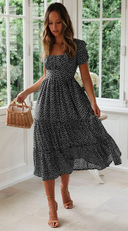 Square Collar Short Sleeve Dress Summer Puff Floral Printed Dress Long Dresses - Mary’s TT Shop