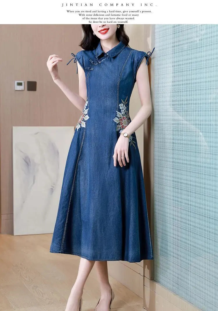 2024 Summer New Cheongsam Modified Version Denim Dress Female Machine Embroidery Retro - Mary’s TT Shop