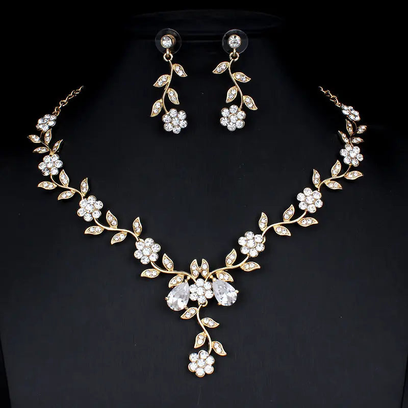 Golden Zircon Jewelry Set Bridal Necklace Earrings Wedding Two-piece Set - Mary’s TT Shop