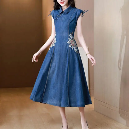 2024 Summer New Cheongsam Modified Version Denim Dress Female Machine Embroidery Retro - Mary’s TT Shop