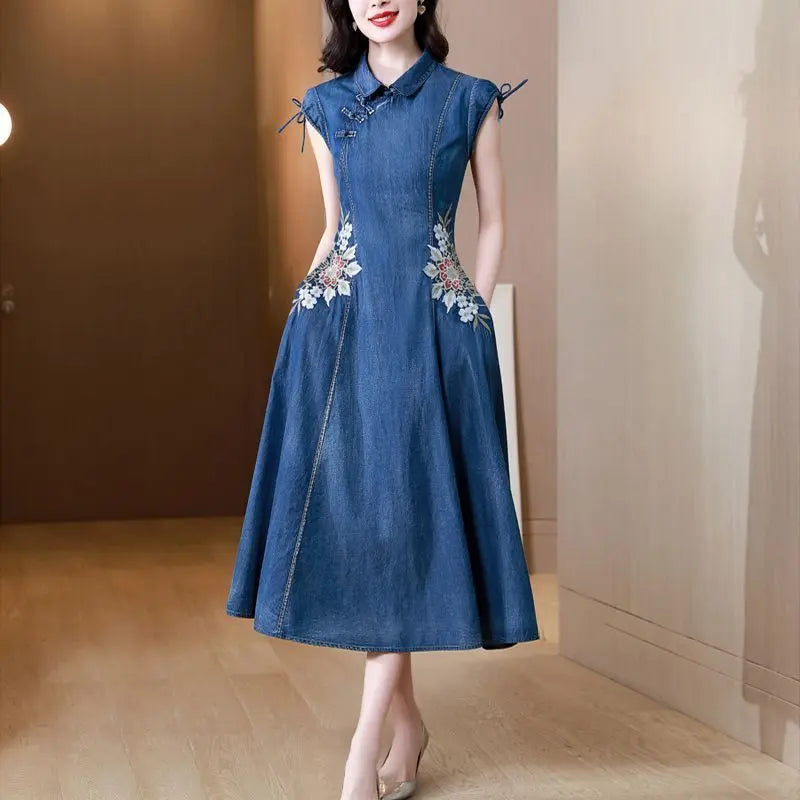 2024 Summer New Cheongsam Modified Version Denim Dress Female Machine Embroidery Retro - Mary’s TT Shop