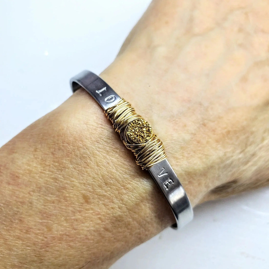 Stainless Steel LOVE Stamped Wire Wrapped Gold Druzy Cuff - Mary’s TT Shop