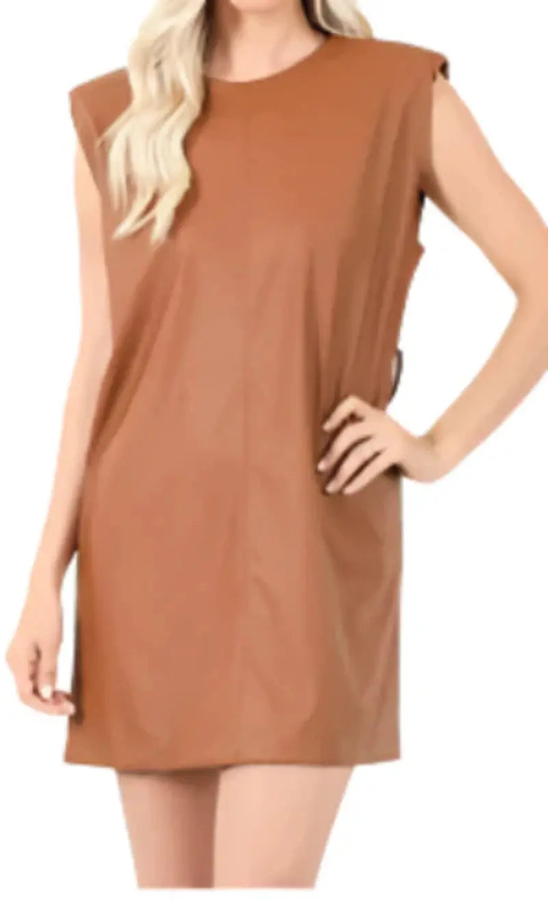 CAMEL LEATHER DRESS /W SHOULDER PADS - Mary’s TT Shop