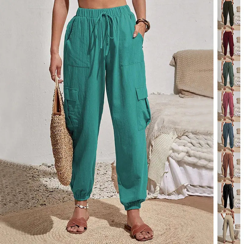 New Drawstring Overalls With Pockets Summer Cool Trousers Casual Versatile Solid Color Skinny Pants Womens Clothing My Store