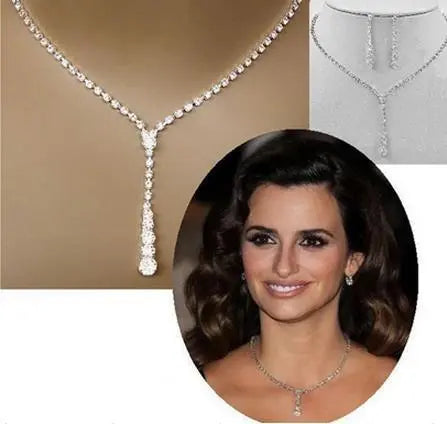 C192 New Europe simple bride Rhinestone Necklace ear suit 2 pieces of wedding jewelry sweater chain - Mary’s TT Shop