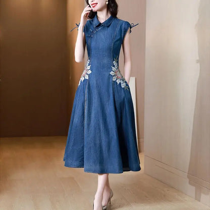 2024 Summer New Cheongsam Modified Version Denim Dress Female Machine Embroidery Retro - Mary’s TT Shop