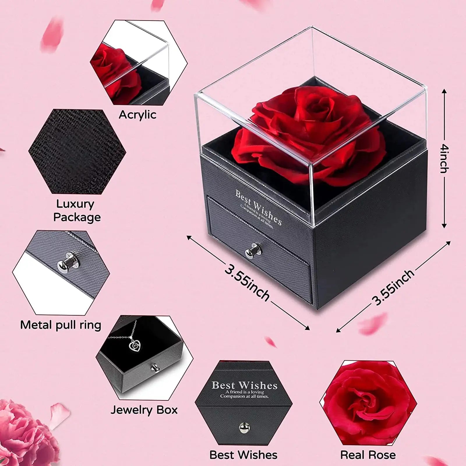 Mothers Day Gifts for Mom - Preserved Real Rose with Necklace, Eternal Rose Flower with Jewelry Storage Box, Love You Necklace in 100 Languages, Gifts for Christmas Birthday Valentines Day - Mary’s TT Shop