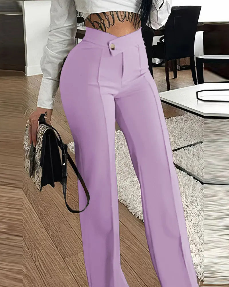 Slim Straight-leg Pants With Buckle Fashion Solid Color Trousers For Womens Clothing My Store