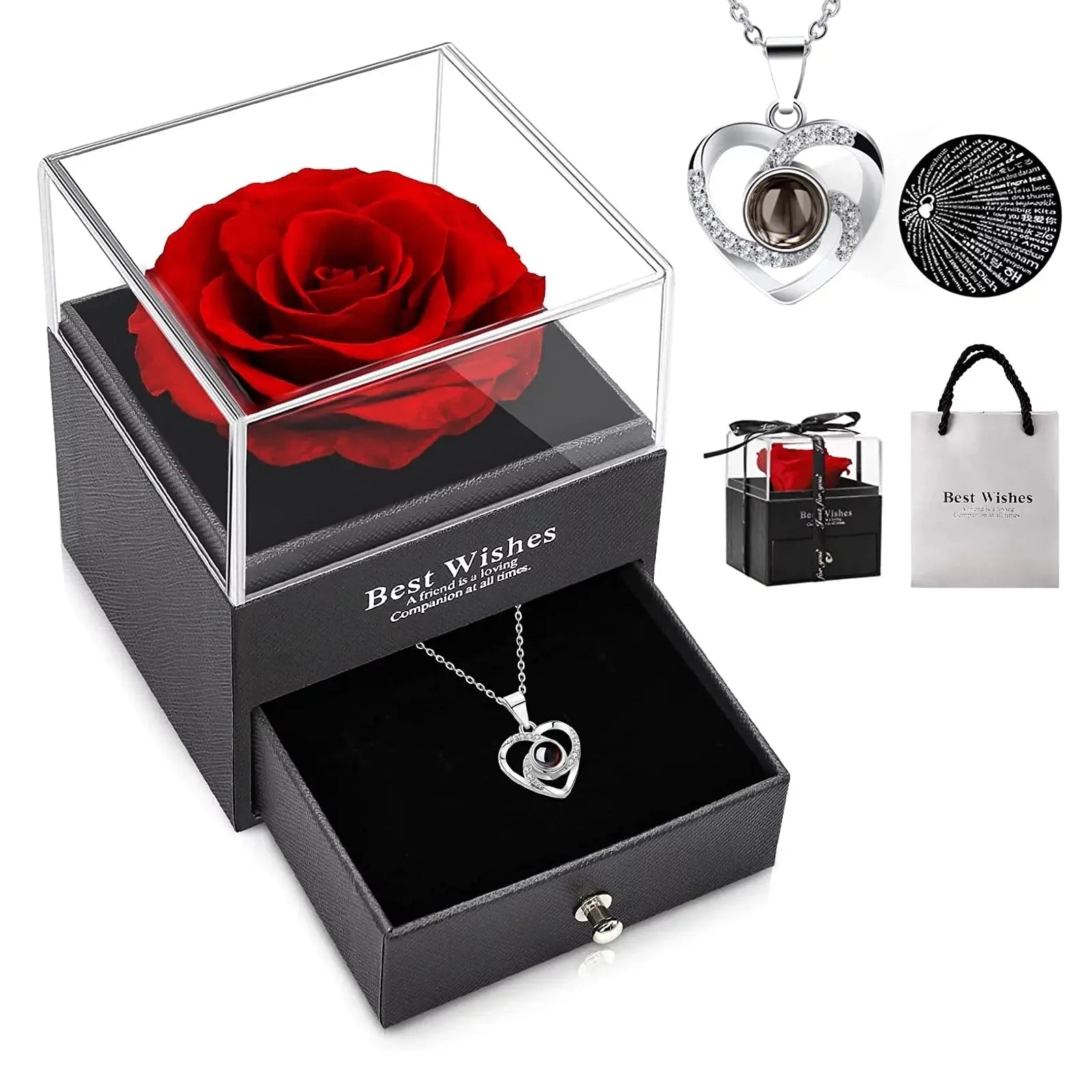 Mothers Day Gifts for Mom - Preserved Real Rose with Necklace, Eternal Rose Flower with Jewelry Storage Box, Love You Necklace in 100 Languages, Gifts for Christmas Birthday Valentines Day - Mary’s TT Shop