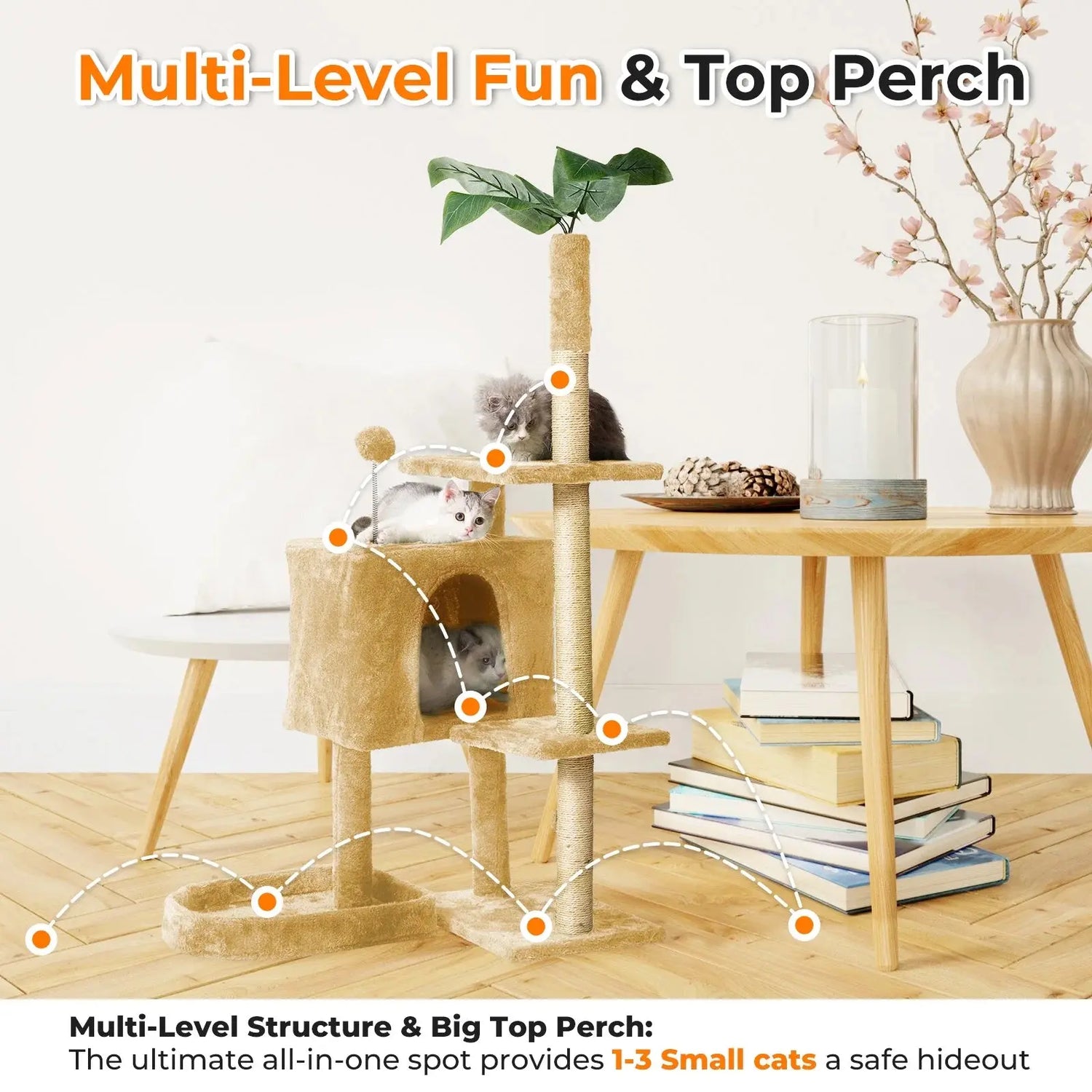 Cat Tree,52&quot; Cat Tower for Indoor Cats, Cat Tree with Scratching Posts Plush Perch Stand, Cat Condo with Funny Toys Kittens Pet Play House,Beige - Mary’s TT Shop