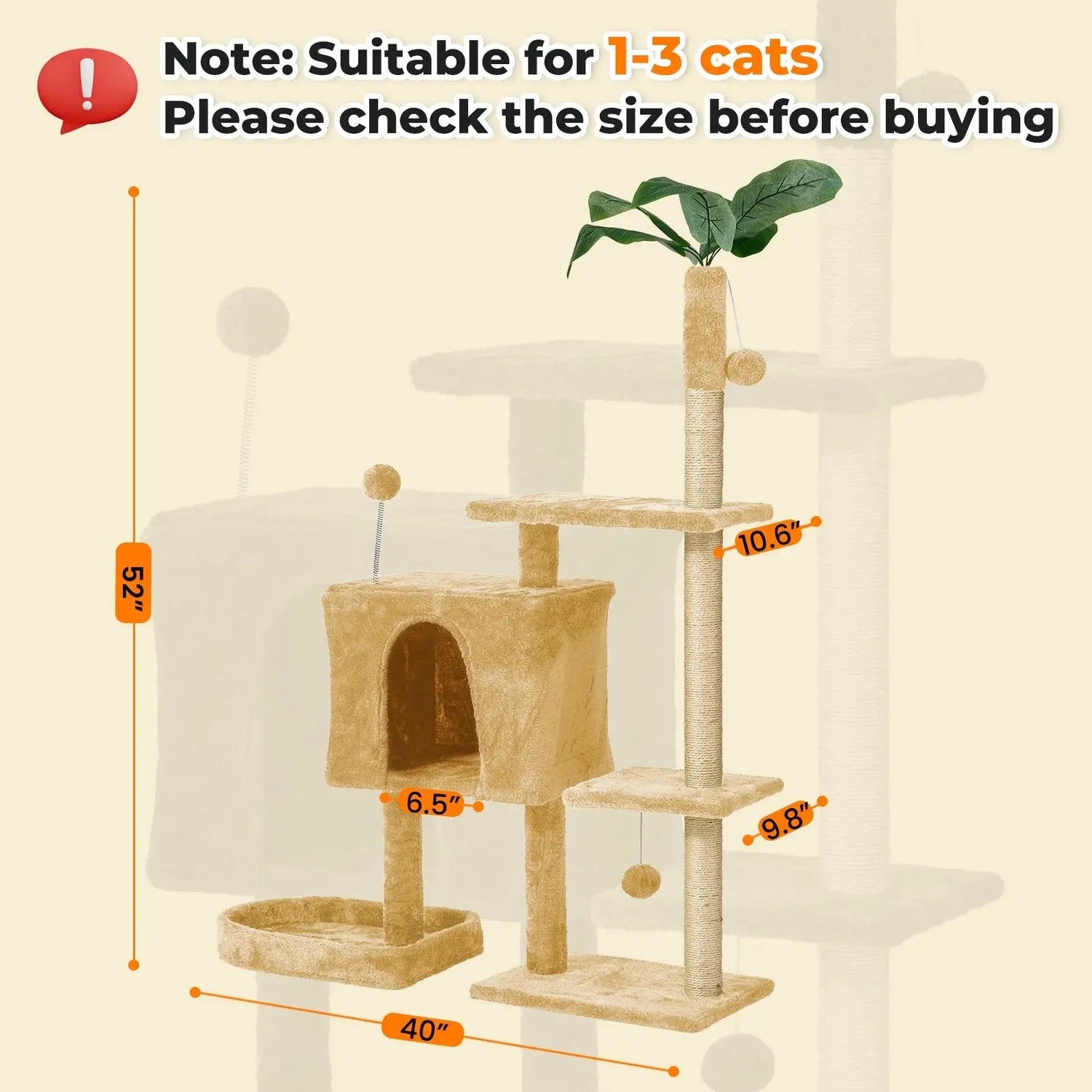 Cat Tree,52&quot; Cat Tower for Indoor Cats, Cat Tree with Scratching Posts Plush Perch Stand, Cat Condo with Funny Toys Kittens Pet Play House,Beige - Mary’s TT Shop