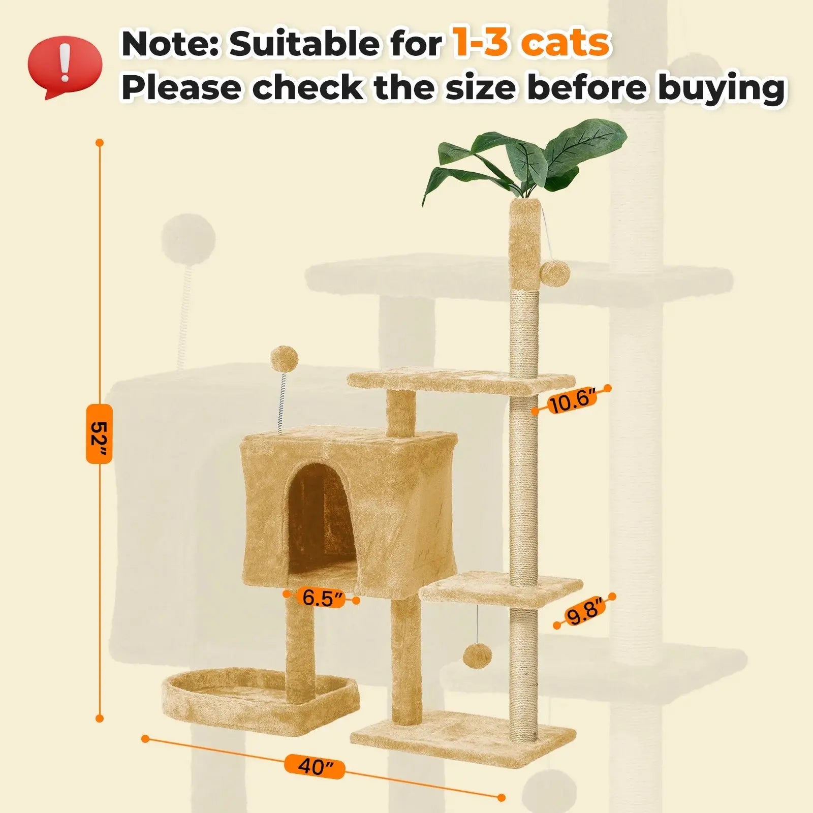 Cat Tree,52&quot; Cat Tower for Indoor Cats, Cat Tree with Scratching Posts Plush Perch Stand, Cat Condo with Funny Toys Kittens Pet Play House,Beige - Mary’s TT Shop