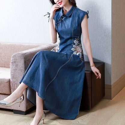 2024 Summer New Cheongsam Modified Version Denim Dress Female Machine Embroidery Retro - Mary’s TT Shop