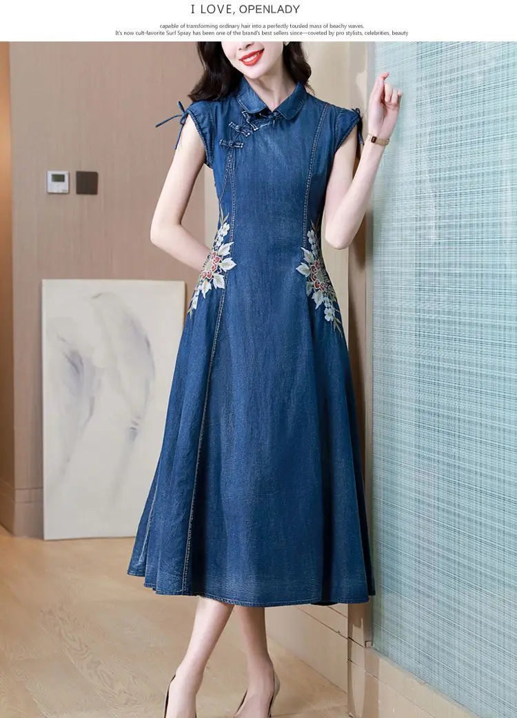 2024 Summer New Cheongsam Modified Version Denim Dress Female Machine Embroidery Retro - Mary’s TT Shop