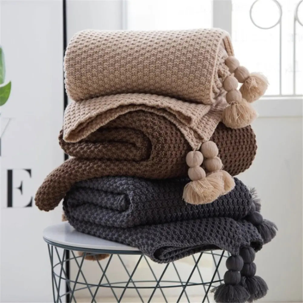 Nordic fringed knit ball office blanket wool blanket office air conditioning lunch break blanket shawl blanket sofa leisure blanket blanket - Mary’s TT Shop