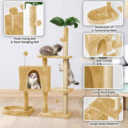 Cat Tree,52&quot; Cat Tower for Indoor Cats, Cat Tree with Scratching Posts Plush Perch Stand, Cat Condo with Funny Toys Kittens Pet Play House,Beige - Mary’s TT Shop