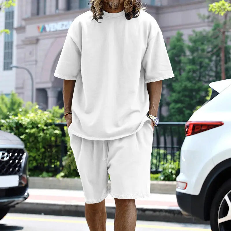 2pcs Loose Sports Suits Summer Round Neck Short-sleeved T-shirt And Drawstring Pockets Shorts Casual Solid Color Set Mens Clothing - Mary’s TT Shop