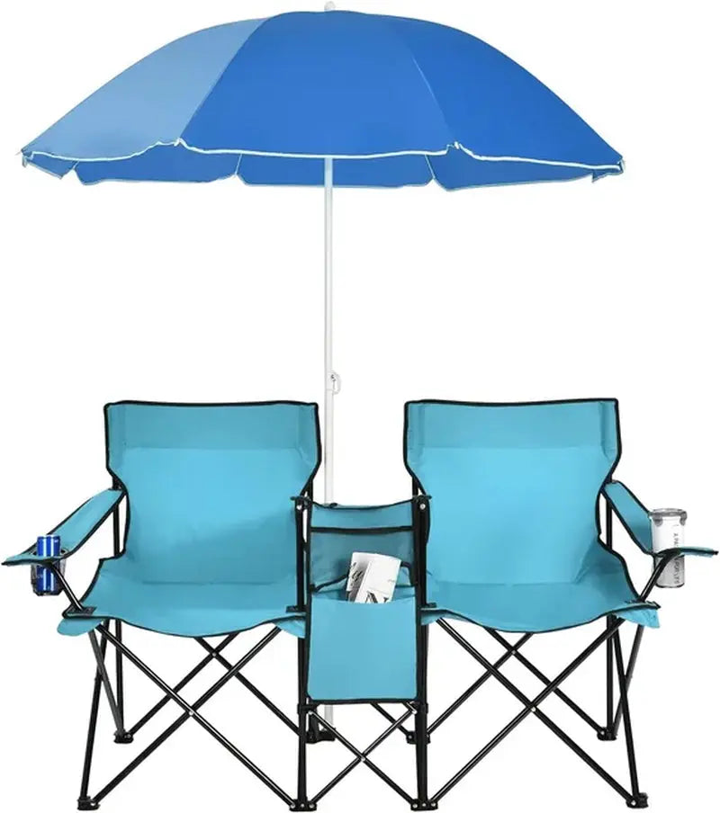 Portable Folding Picnic Double Chair W/Umbrella Table Cooler Beach Camping Chair for Patio Pool Park Outdoor - Mary’s TT Shop