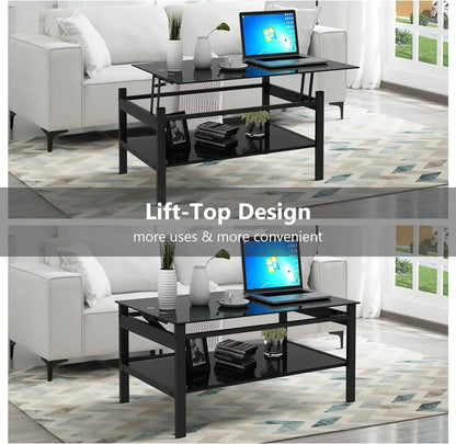 Lift Top Coffee Table,Glass Coffee Table with Storage Shelf &amp; Metal Frame,Coffee Table Lift Top, Lift Tabletop Dining Table for Home Living Room, Office - Mary’s TT Shop