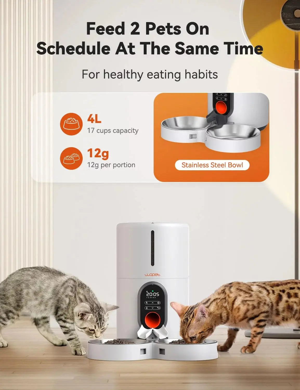 Automatic Pet Feeder for Two Cats - Programmable Food Dispenser with Splitter and Stainless Steel Bowls, 10S Meal Call, 6 Daily Meals for Cats &amp; Small Dogs, White - Mary’s TT Shop