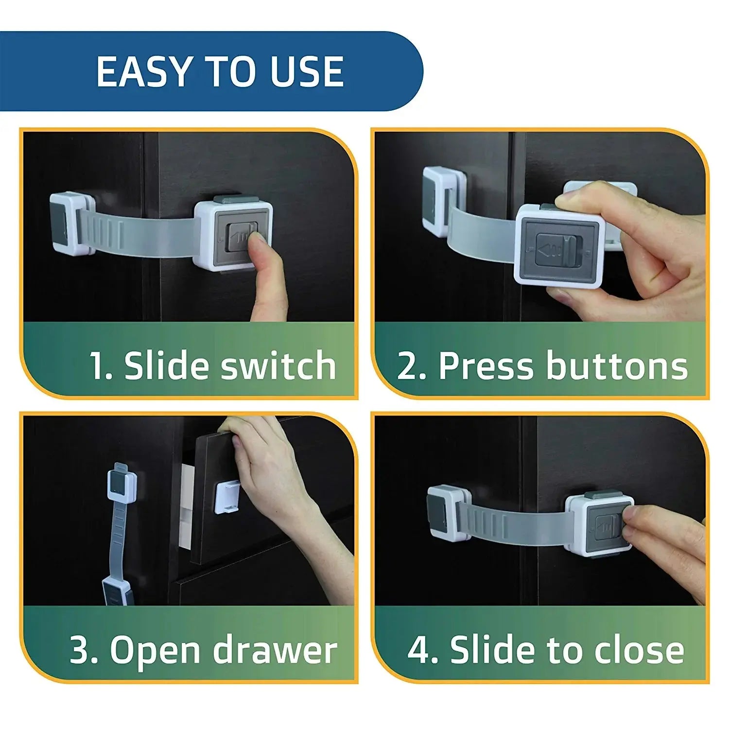 New Version Child Safety Locks 4-Pack. Baby Proof Cabinets, Drawers with Easy Adjustable Strap Length, Double Lock Option, Easier Latch for Adults to Open. Secure Oven, Refrigerator, Toilet, Doors - Mary’s TT Shop