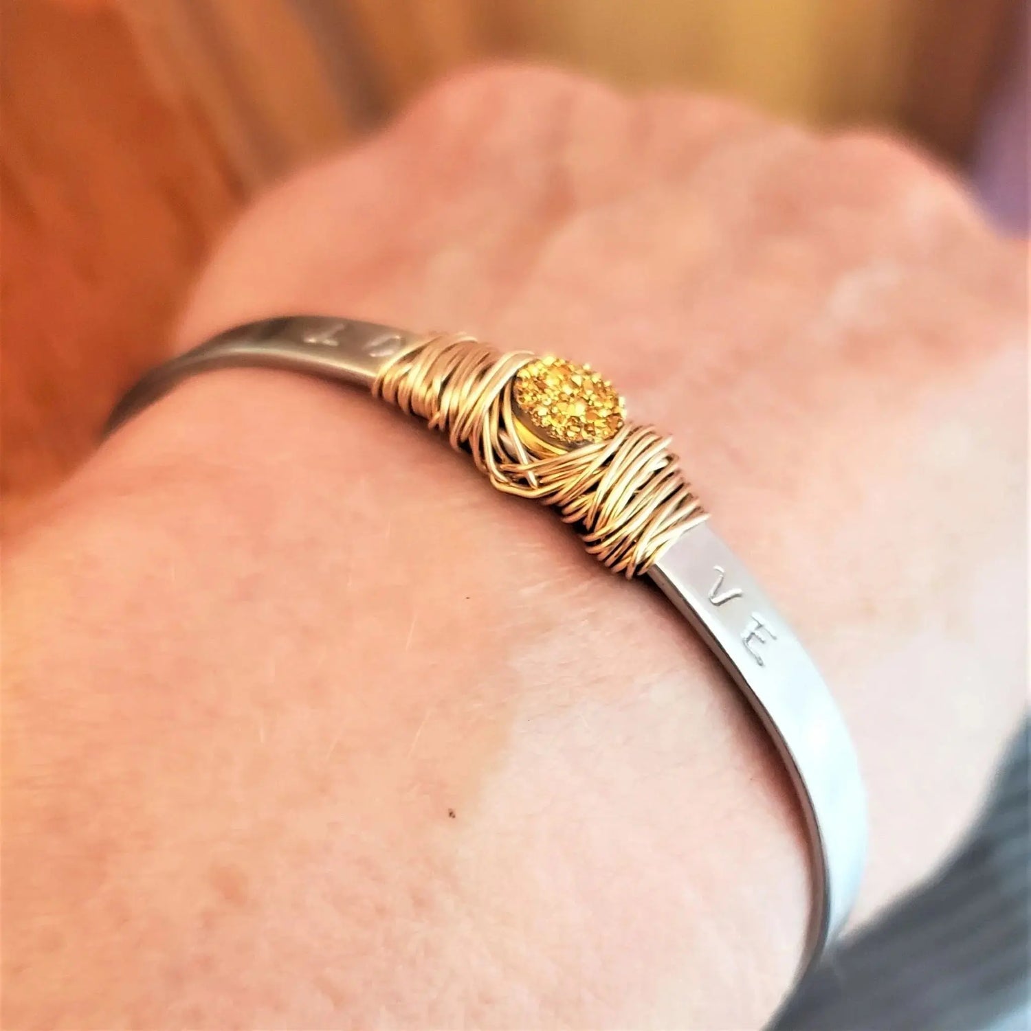 Stainless Steel LOVE Stamped Wire Wrapped Gold Druzy Cuff - Mary’s TT Shop