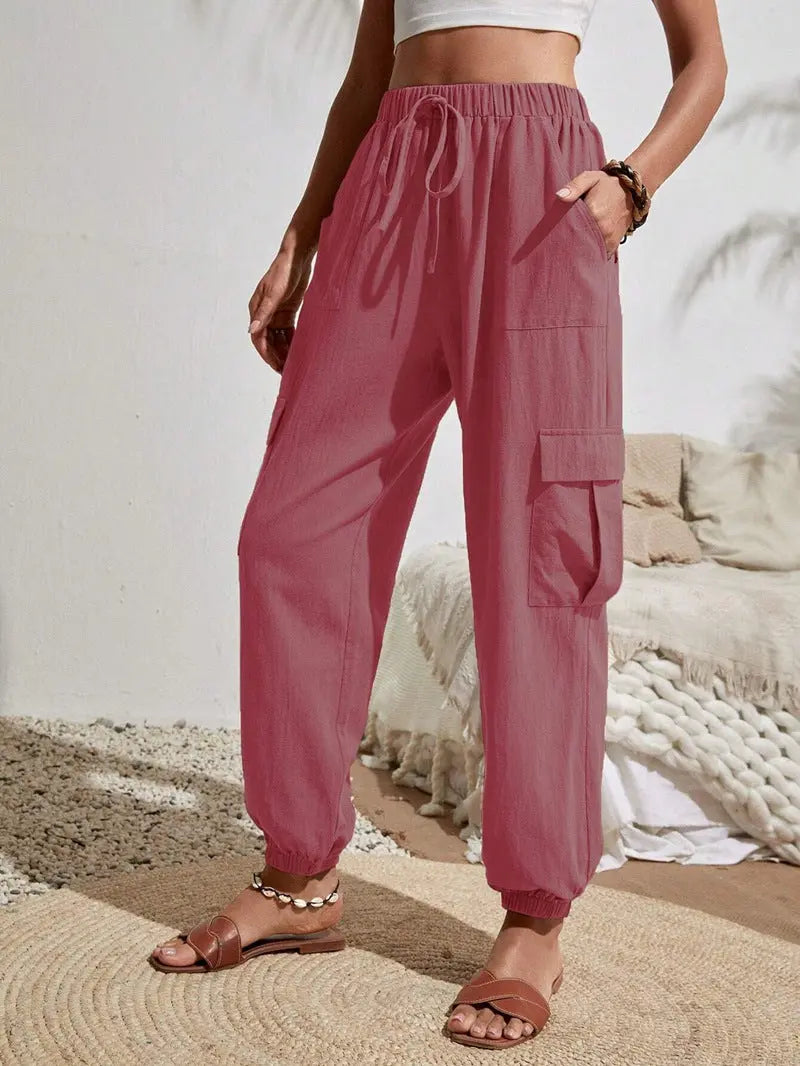 New Drawstring Overalls With Pockets Summer Cool Trousers Casual Versatile Solid Color Skinny Pants Womens Clothing My Store