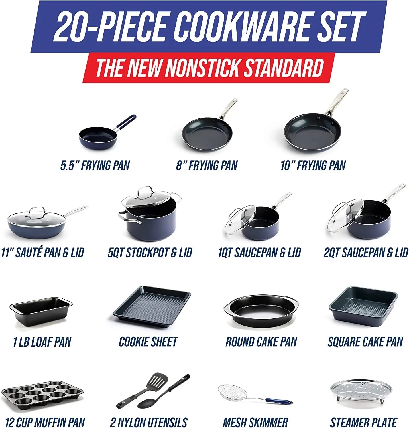 Cookware Diamond Infused Ceramic Nonstick 20 Piece Cookware Bakeware Pots and Pans Set, Pfas-Free, Dishwasher Safe, Oven Safe, Blue - Mary’s TT Shop