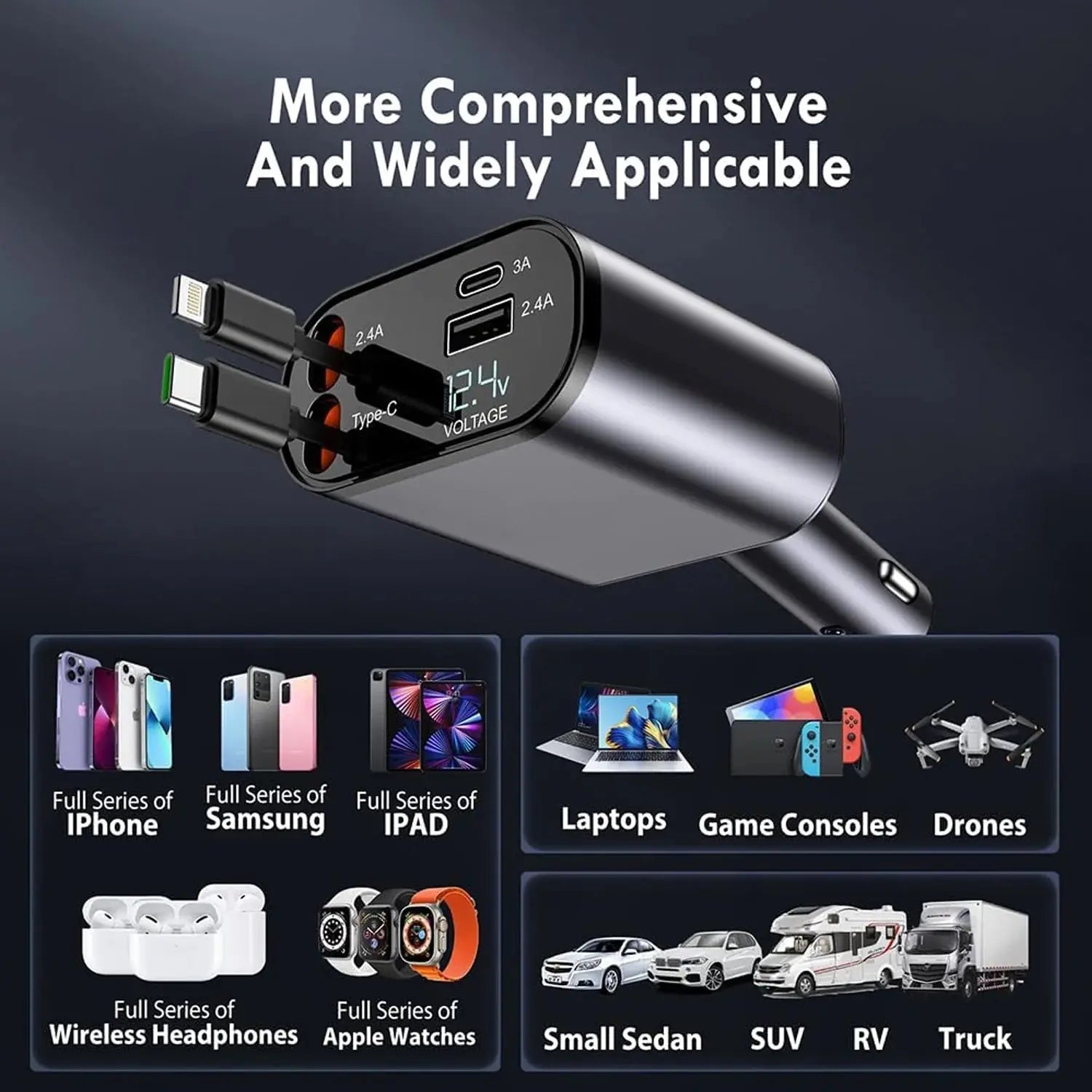 Retractable Car Charger, 100W 4 in 1 Super Fast Charge Car Phone Charger,Retractable Cables (31.5 Inch) and 2 USB Ports Car Charger Adapter for Iphone 15/14/13/12 Pro Max Xr,Ipad,Samsung,Pixel - Mary’s TT Shop