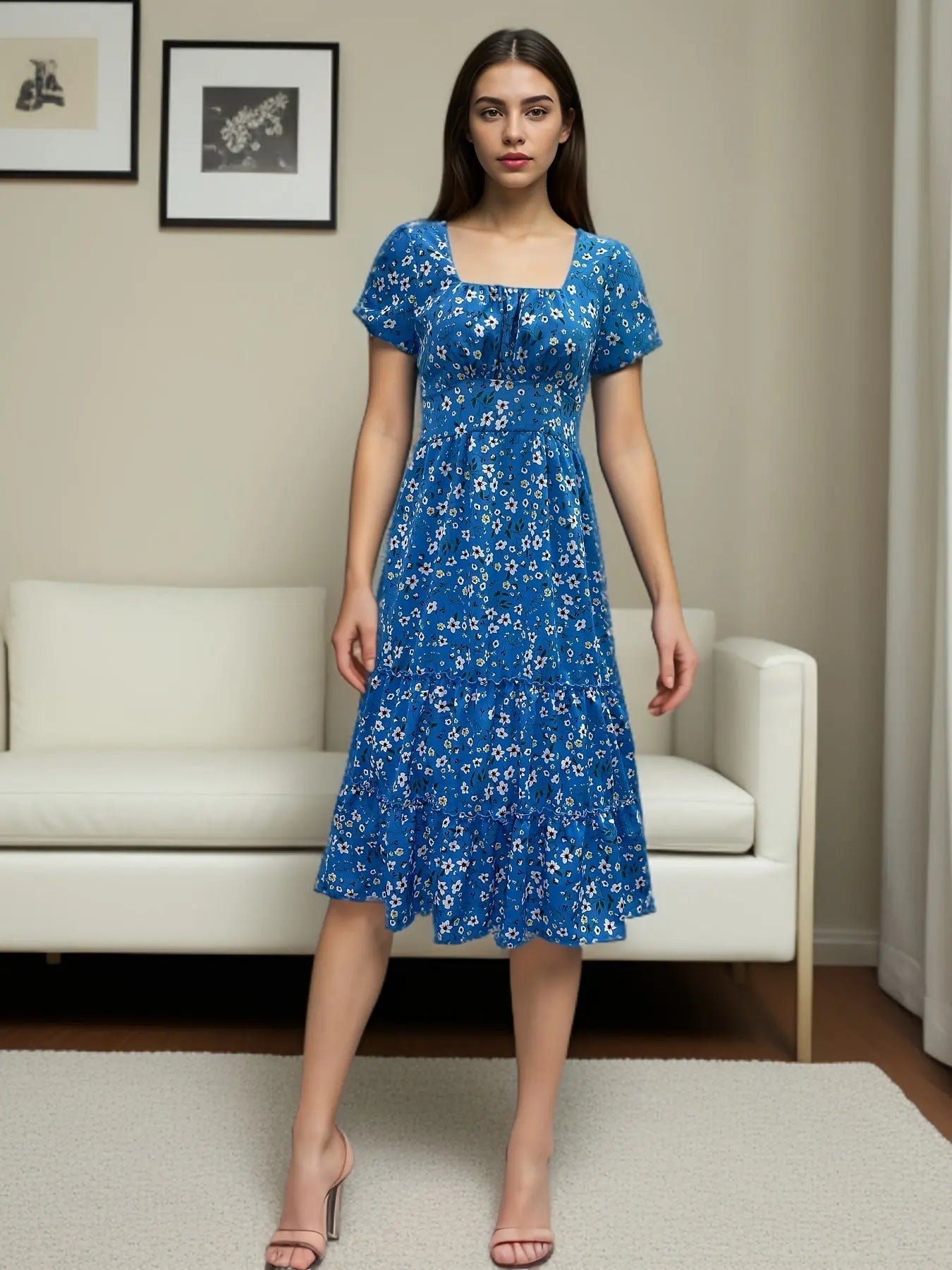 Square Collar Short Sleeve Dress Summer Puff Floral Printed Dress Long Dresses - Mary’s TT Shop