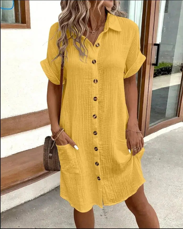 Summer Short Sleeve Dress Fashion Solid Color Single-breasted Mid-length Loose Dress - Mary’s TT Shop