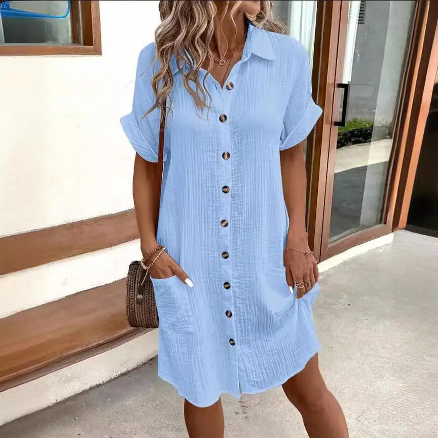 Summer Short Sleeve Dress Fashion Solid Color Single-breasted Mid-length Loose Dress - Mary’s TT Shop