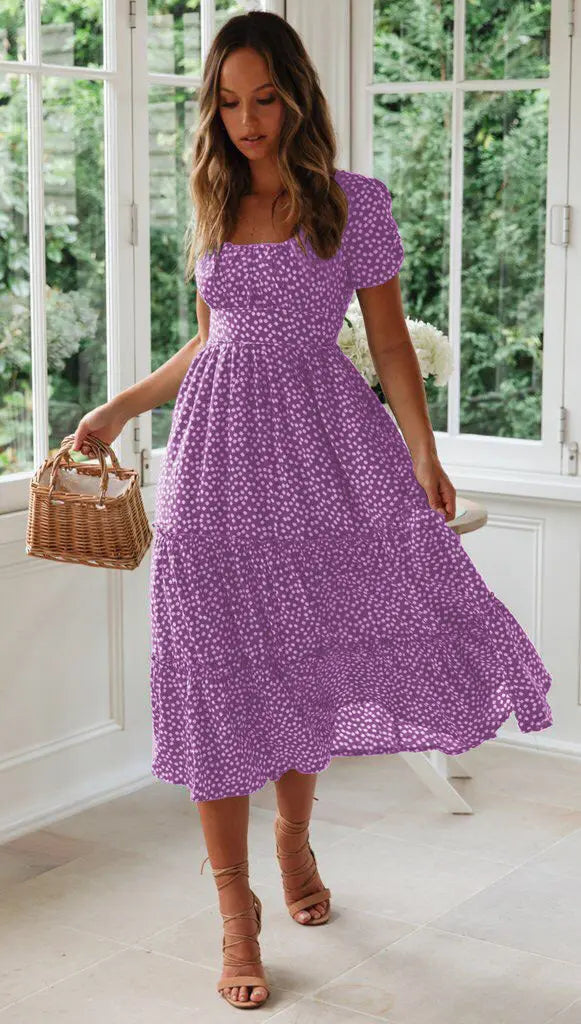 Square Collar Short Sleeve Dress Summer Puff Floral Printed Dress Long Dresses - Mary’s TT Shop