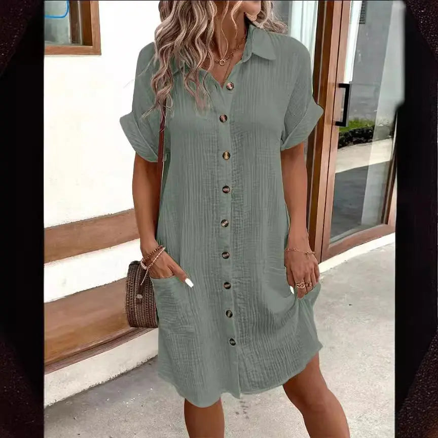 Summer Short Sleeve Dress Fashion Solid Color Single-breasted Mid-length Loose Dress - Mary’s TT Shop