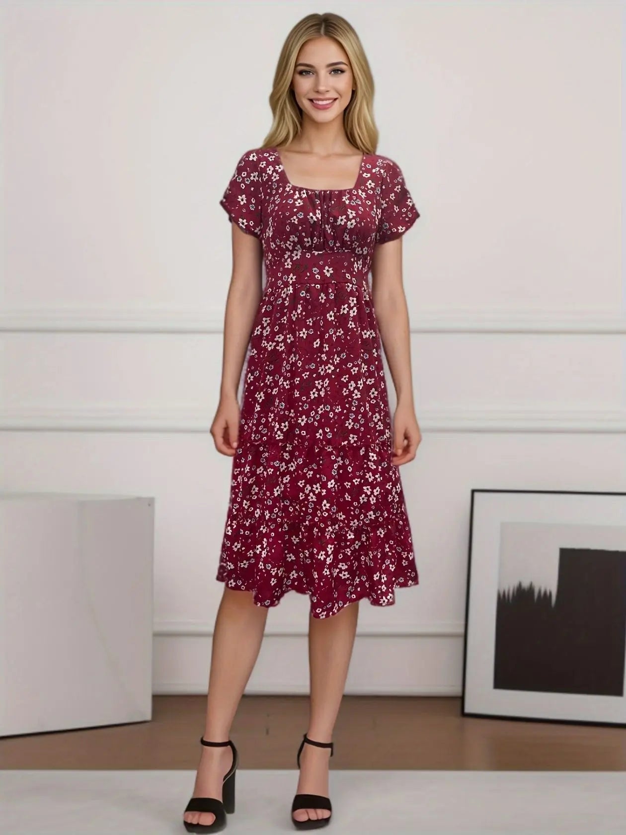 Square Collar Short Sleeve Dress Summer Puff Floral Printed Dress Long Dresses - Mary’s TT Shop