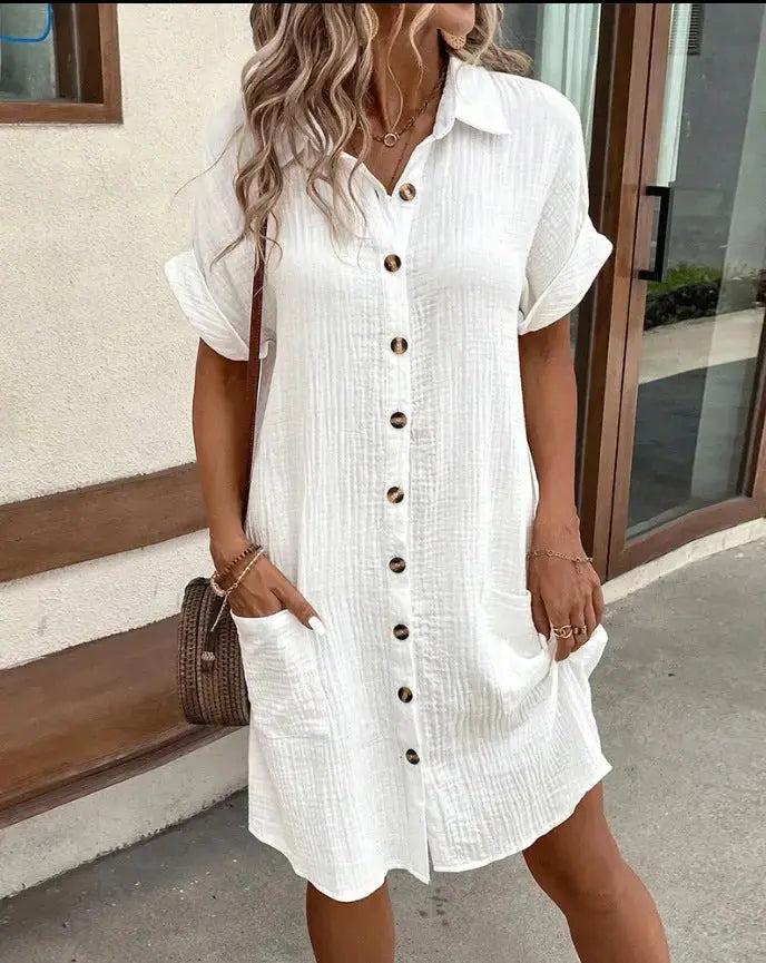 Summer Short Sleeve Dress Fashion Solid Color Single-breasted Mid-length Loose Dress - Mary’s TT Shop