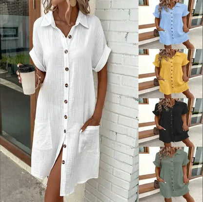 Summer Short Sleeve Dress Fashion Solid Color Single-breasted Mid-length Loose Dress - Mary’s TT Shop