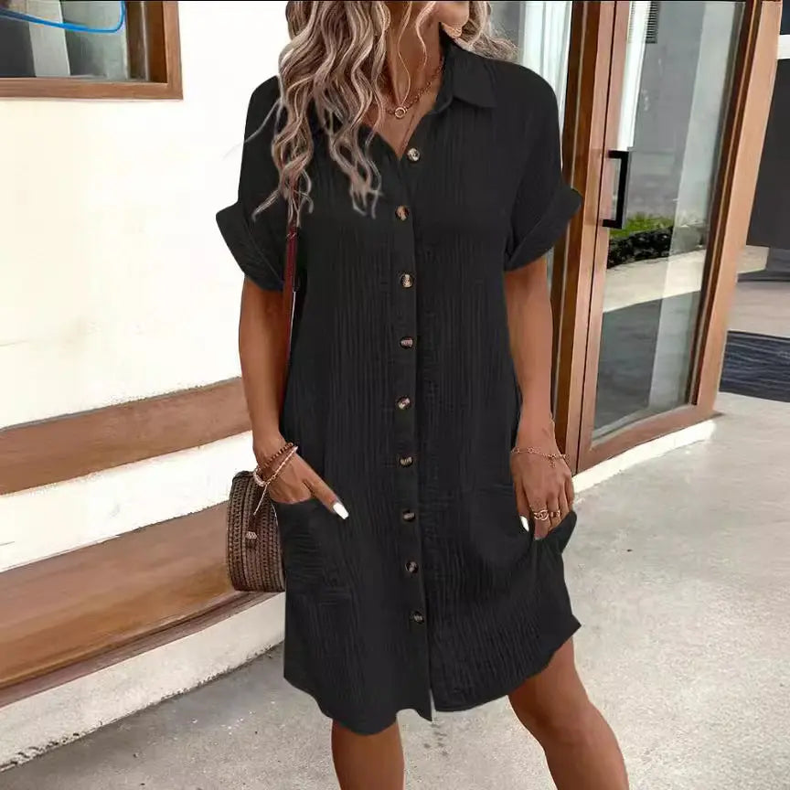 Summer Short Sleeve Dress Fashion Solid Color Single-breasted Mid-length Loose Dress - Mary’s TT Shop