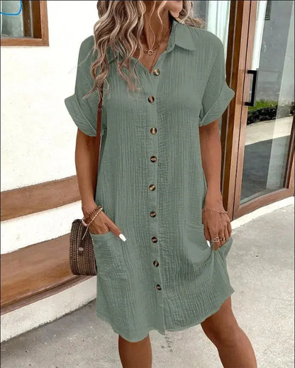 Summer Short Sleeve Dress Fashion Solid Color Single-breasted Mid-length Loose Dress - Mary’s TT Shop