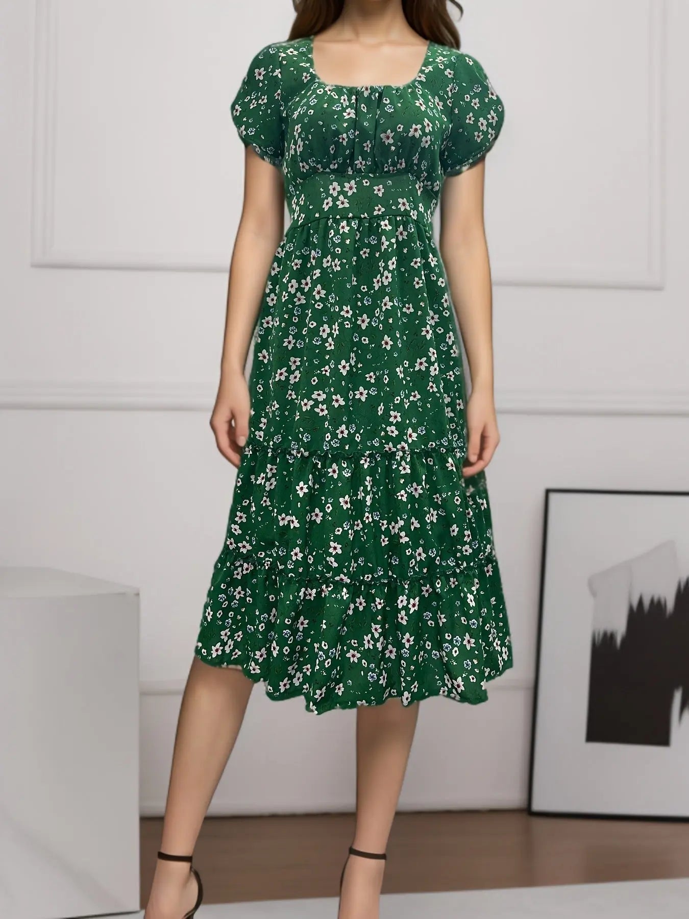 Square Collar Short Sleeve Dress Summer Puff Floral Printed Dress Long Dresses - Mary’s TT Shop