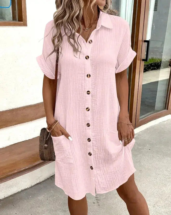 Summer Short Sleeve Dress Fashion Solid Color Single-breasted Mid-length Loose Dress - Mary’s TT Shop