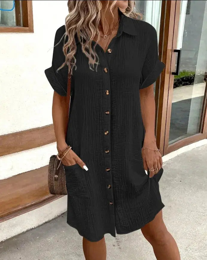 Summer Short Sleeve Dress Fashion Solid Color Single-breasted Mid-length Loose Dress - Mary’s TT Shop