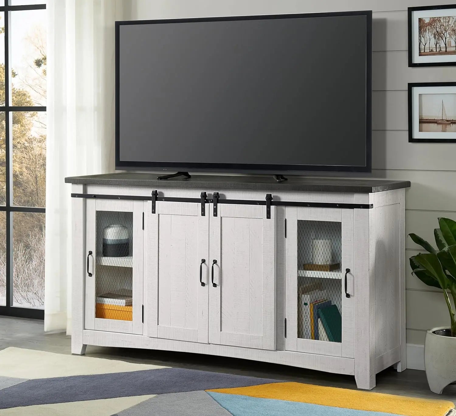 Hampton TV Stand, White Stain with Grey Stain Top - Mary’s TT Shop