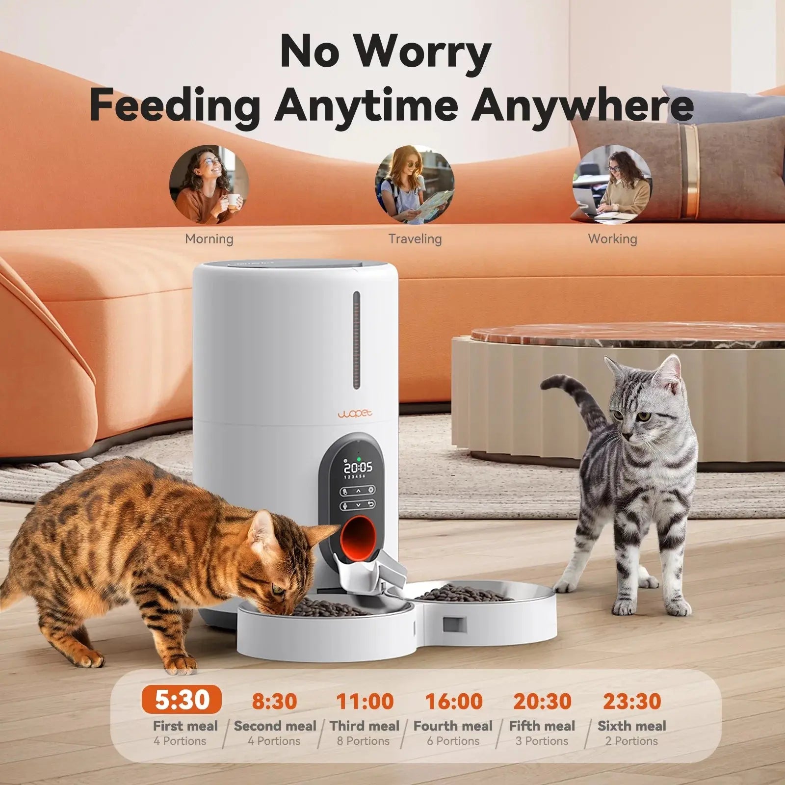 Automatic Pet Feeder for Two Cats - Programmable Food Dispenser with Splitter and Stainless Steel Bowls, 10S Meal Call, 6 Daily Meals for Cats &amp; Small Dogs, White - Mary’s TT Shop