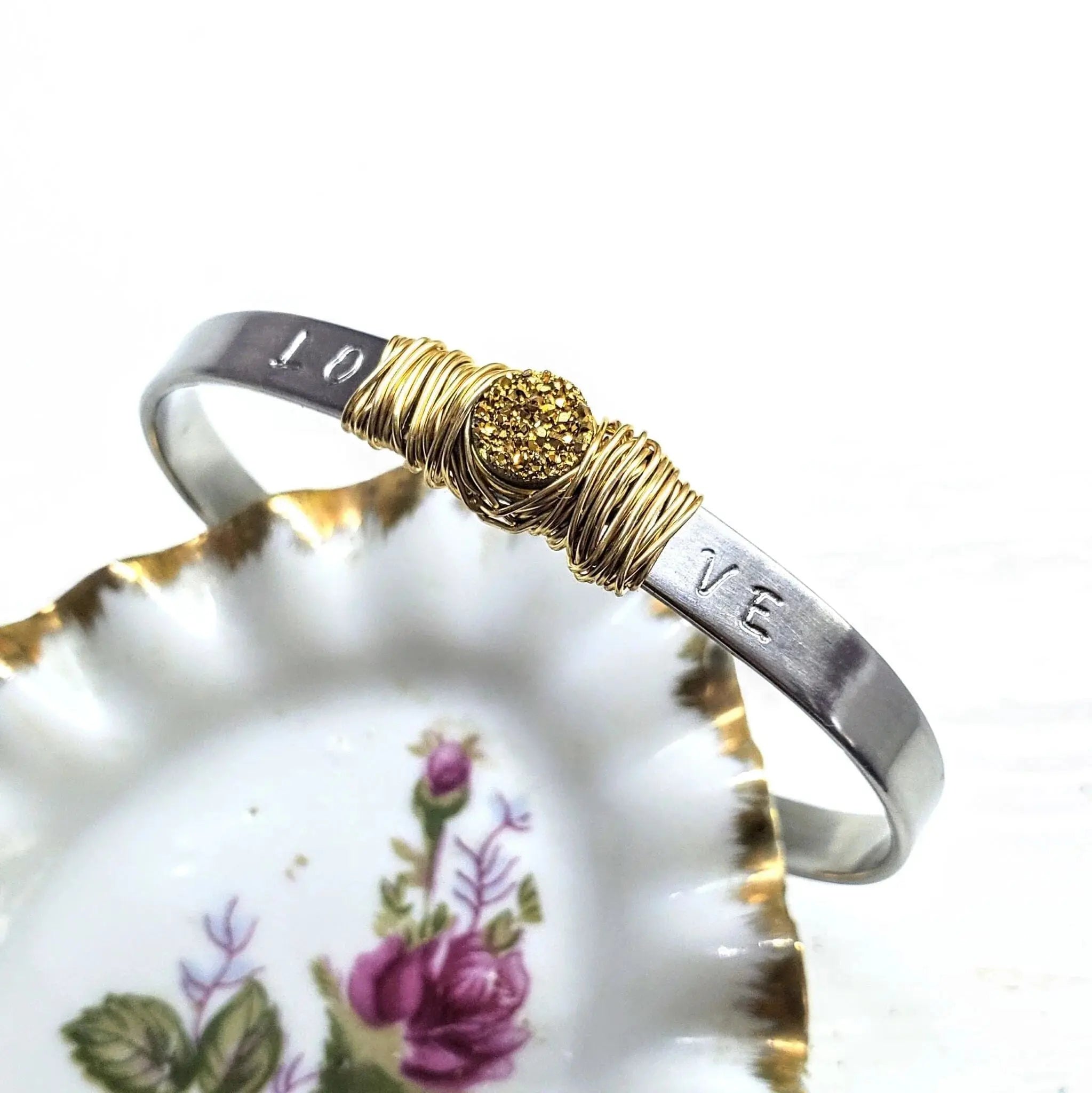 Stainless Steel LOVE Stamped Wire Wrapped Gold Druzy Cuff - Mary’s TT Shop