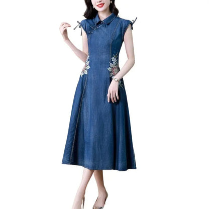 2024 Summer New Cheongsam Modified Version Denim Dress Female Machine Embroidery Retro - Mary’s TT Shop