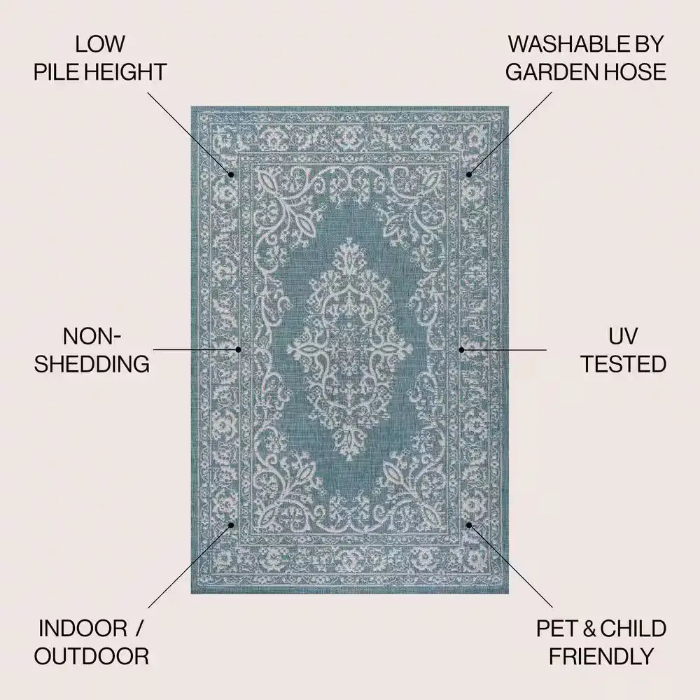 Galon Filigree Teal/Ivory 8 Ft. X 10 Ft. Indoor/Outdoor Rug - Mary’s TT Shop